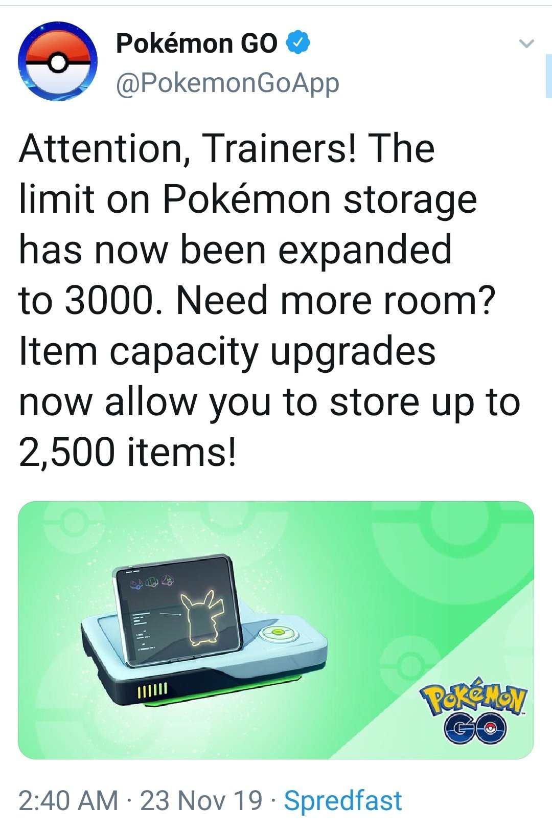 Pokemon Go Pokemon Storage Item Bag Capacity Increased