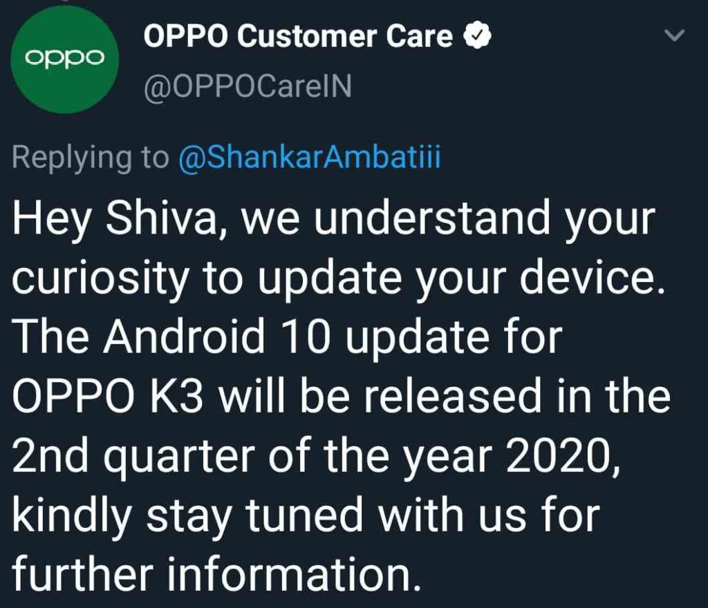 Oppo K3 Android 10 Update Date