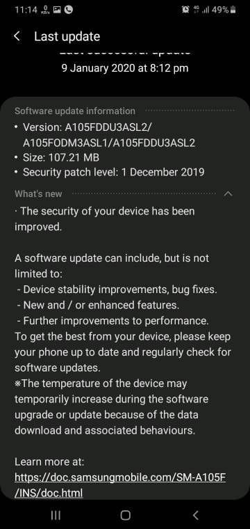 Samsung Galaxy A10 December security patch update