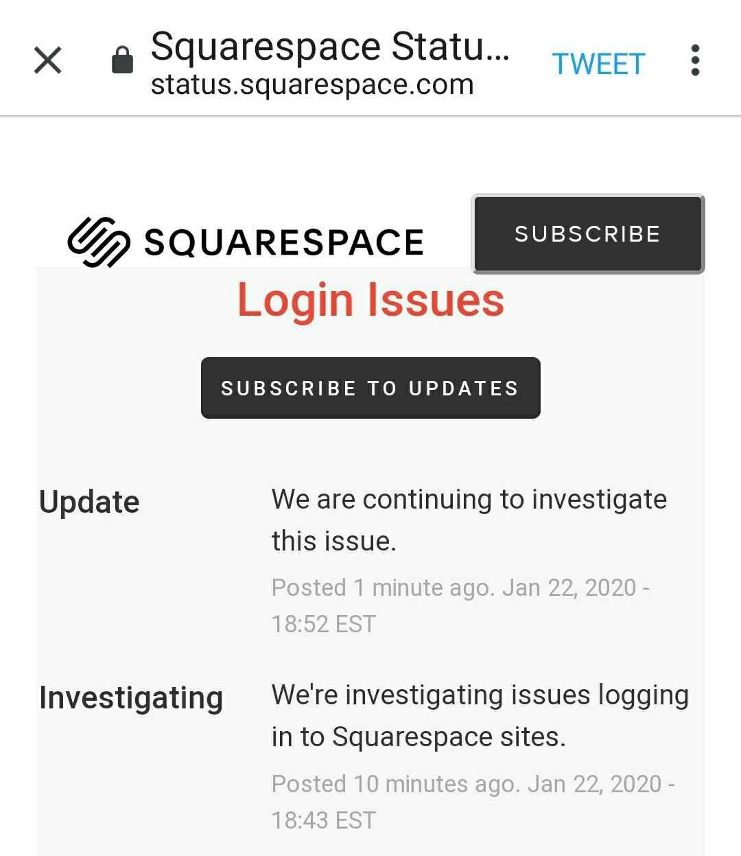 (Official update) Squarespace down : Login not working, users can't