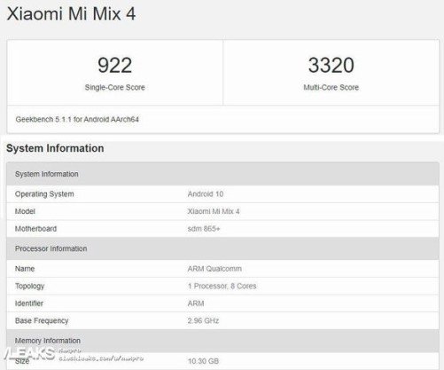 Xiaomi Mi MIX 4 Geekbench