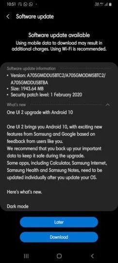 Samsung Galaxy A70 Android 10 update starts rolling out