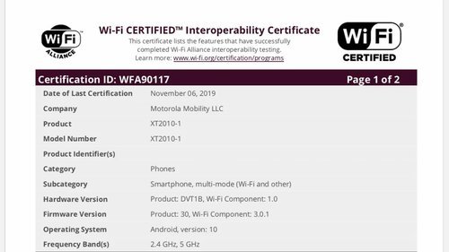 Motorola One Zoom Wi-Fi Certification
