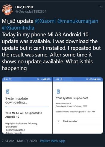 Mi A3 Android 10 update rolled back 