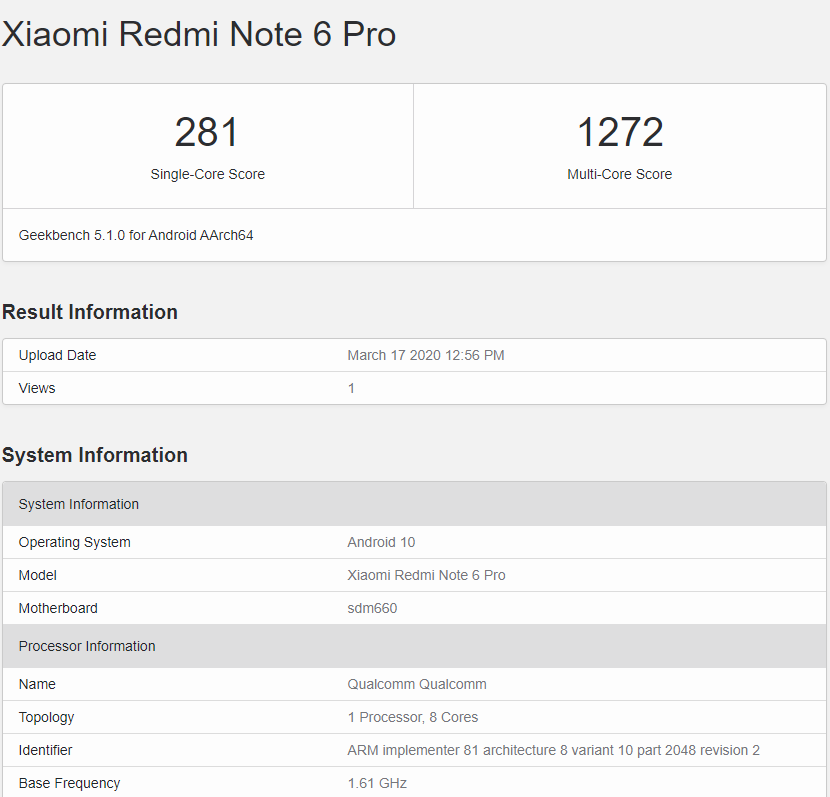 Xiaomi Redmi Note 6 Pro Running on Android 10 Spotted on Geekbench