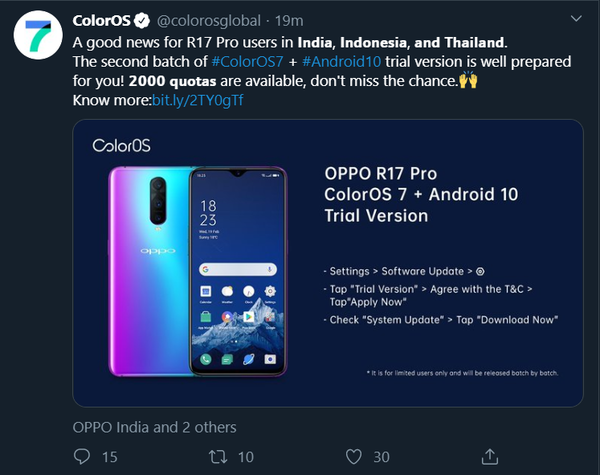 Oppo R17 Pro Android 10 Update