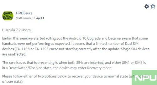 Nokia 7.2 dual-sim start issue