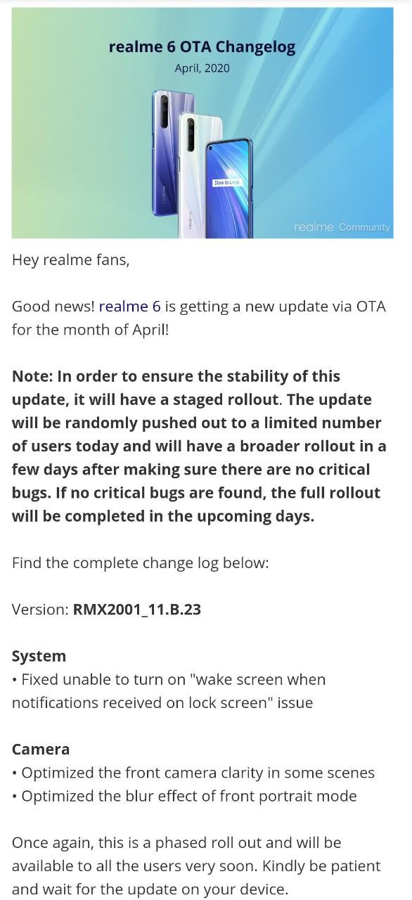 Realme 6 April OTA rolling out with Camera optimizations and other bug fixes
