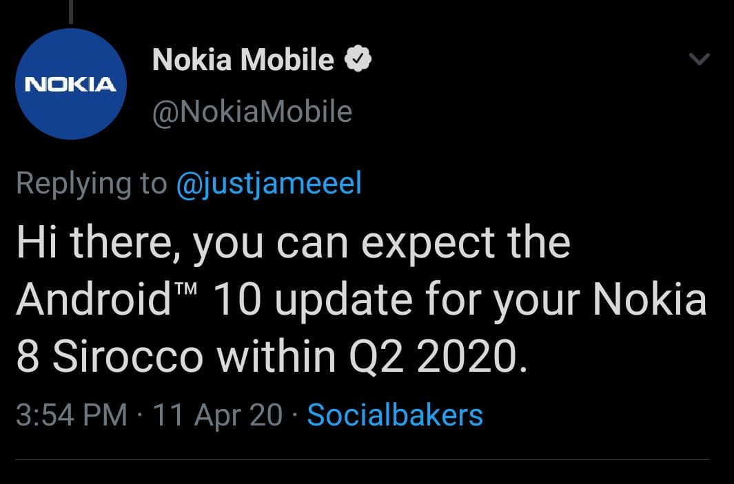 Nokia 8 Sirocco Android 10 Update to arrive within Q2 2020 says support