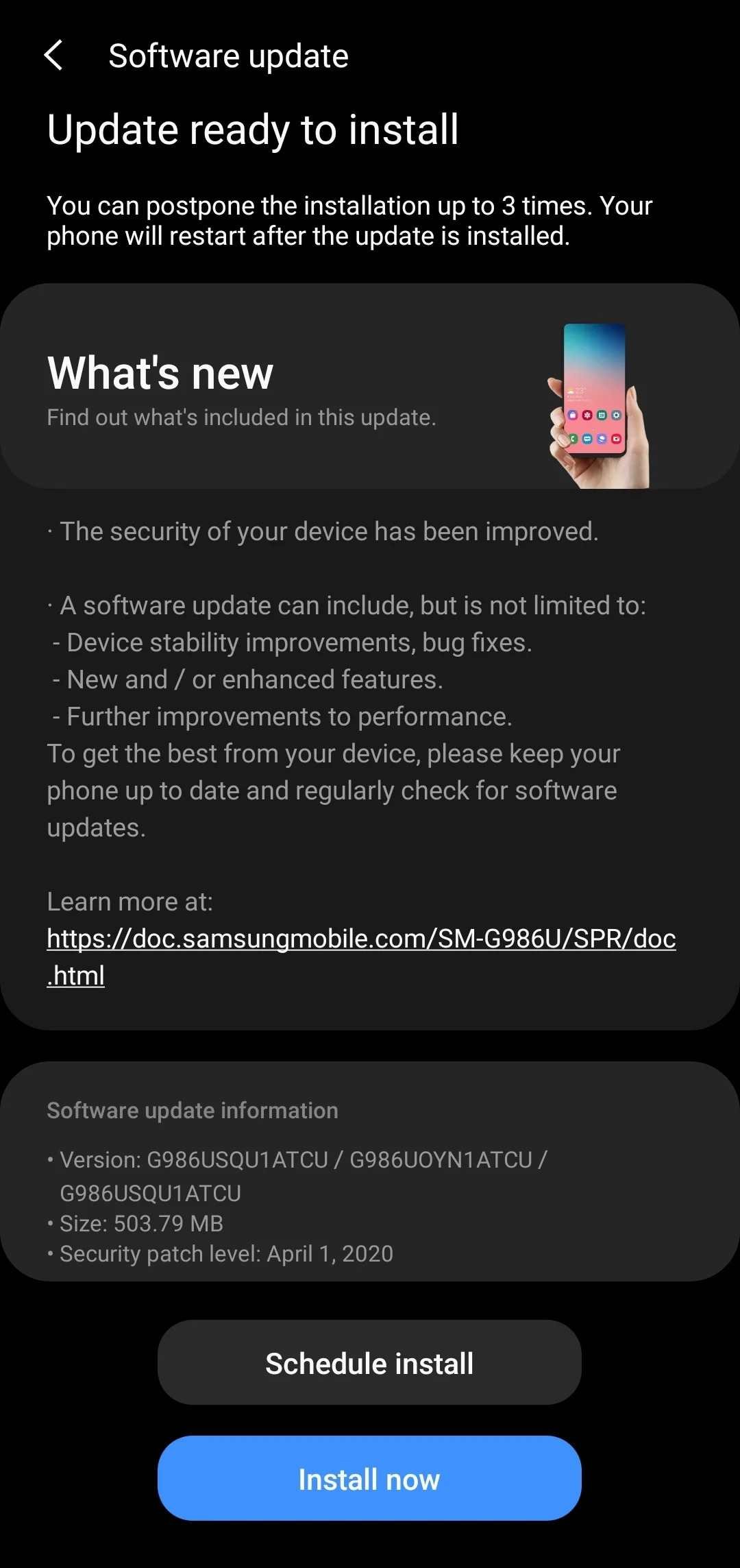 April security patch for Galaxy S20, S20+, and S20 ultra.
