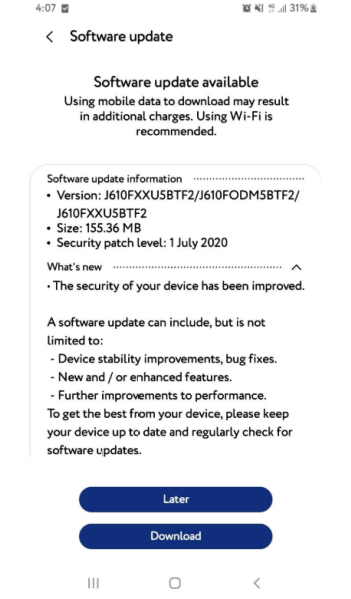 Samsung Galaxy J6+ July security update