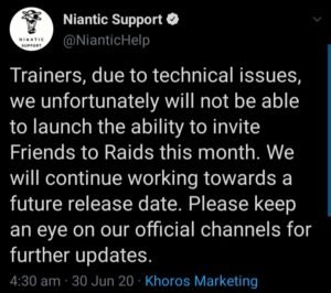 Niantic Support Tweet