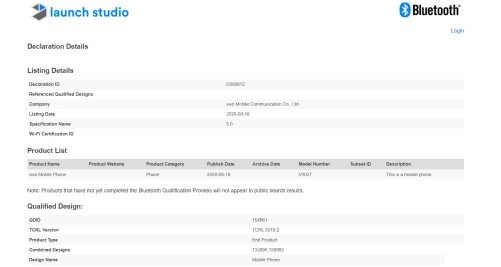 Vivo Y20 Bluetooth SIG Certification