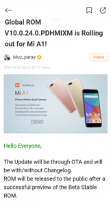 Update announcement on the Mi Forum for Xiaomi Mi A1