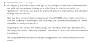 Aussie Umart's reply on their pricing of MSI GeForce RTX 3080 GAMING X TRIO