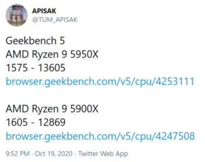 Tweet by APISAK revealing Ryzen 5950X Geekbench scores 