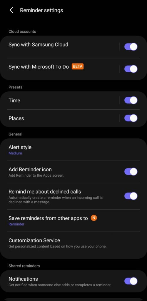 Samsung Reminder Option Menu