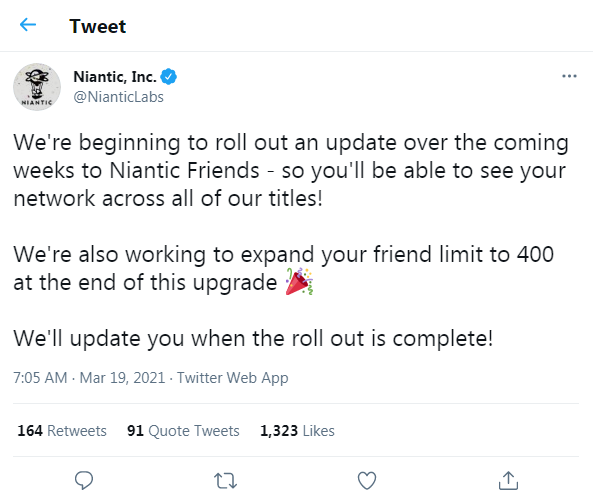 Niantic tweet for Upgrade