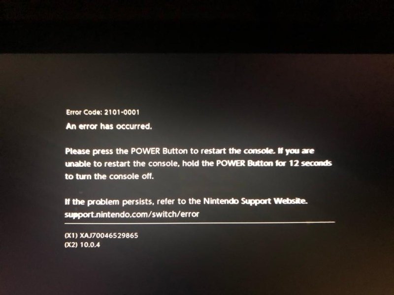 Error code 2101-0001 displayed on Switch screen