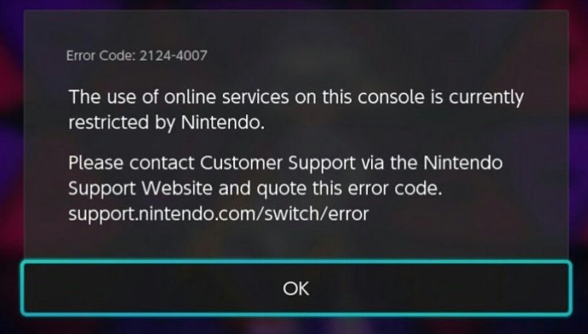 Error code 2124-4508 shown by Nintendo