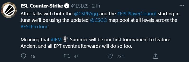 A screengrab of the tweet from ESL CS:GO confirming the inclusion of Ancient and later maps to the IEM 2021 Map pool.