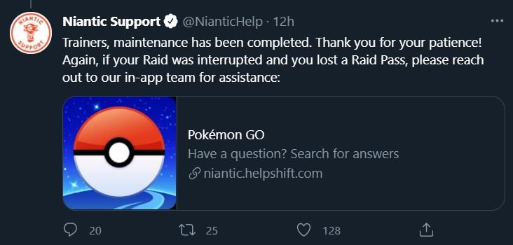 Tweet from Niantic Support confirming maintenance on Pokémon GO raids is complete.