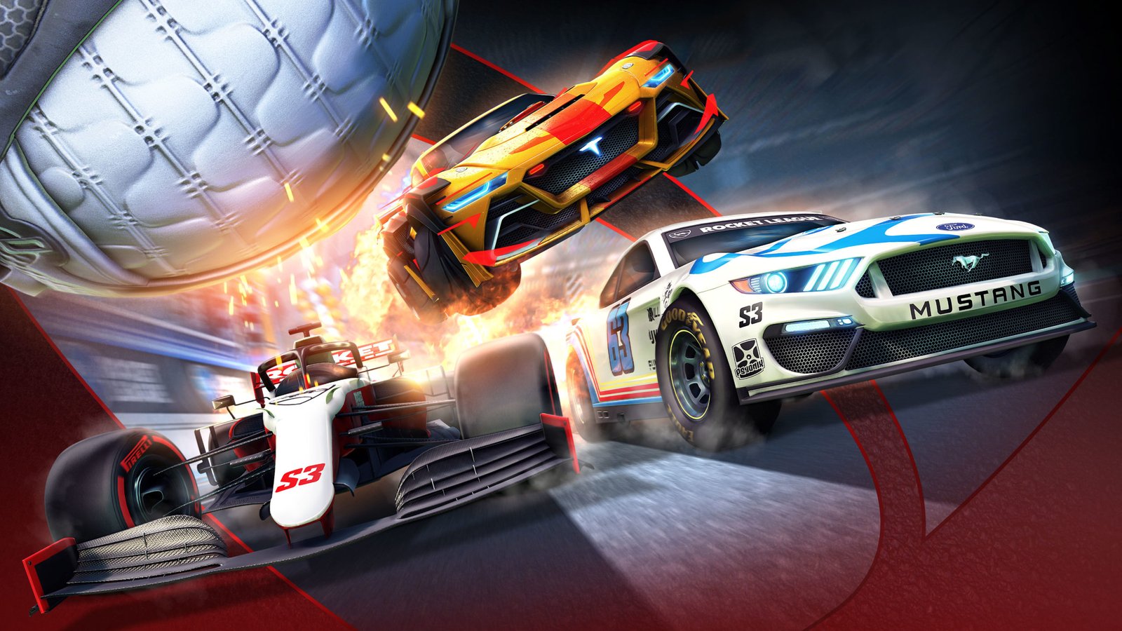 Promotional image for Rocket League season 3, depicting NASCAR and F1 cars.