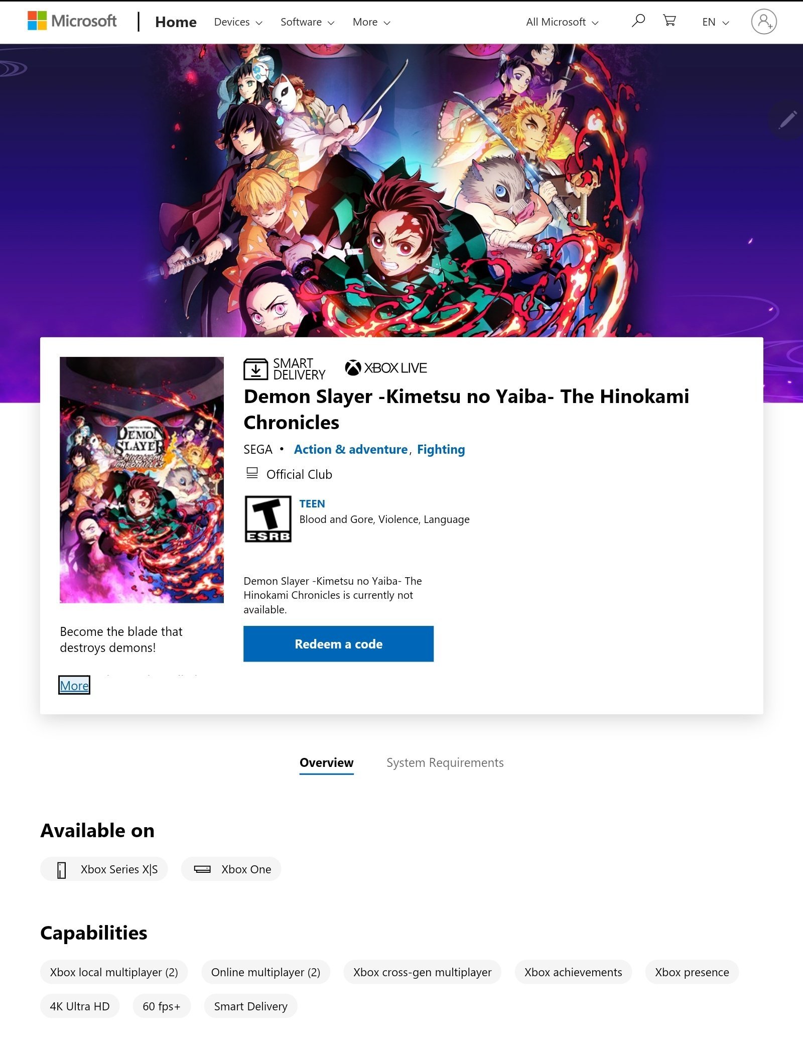 A screengrab of the first part of the Demon Slayer Hinokami Chronicles Microsoft store listing.