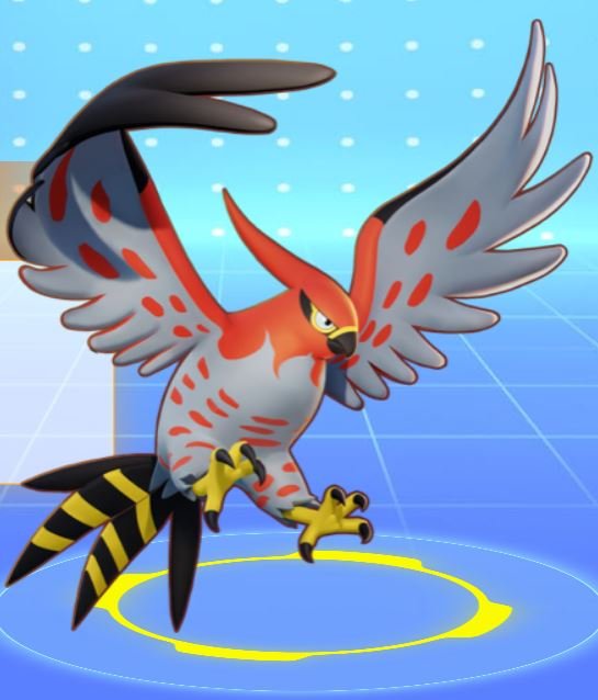 A screengrab of the Talonflame from the official Pokemon UNITE website roster.