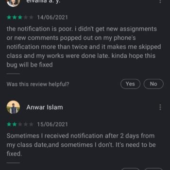 Google Classroom Playstore reviews specifying notification issues