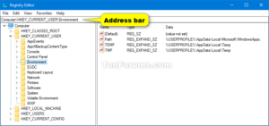 Registry Editor address bar Source: Windows 10 Forums