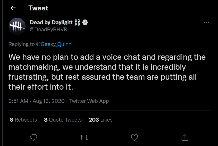 Dead by Daylight Twitter account answers on voice chat in the game