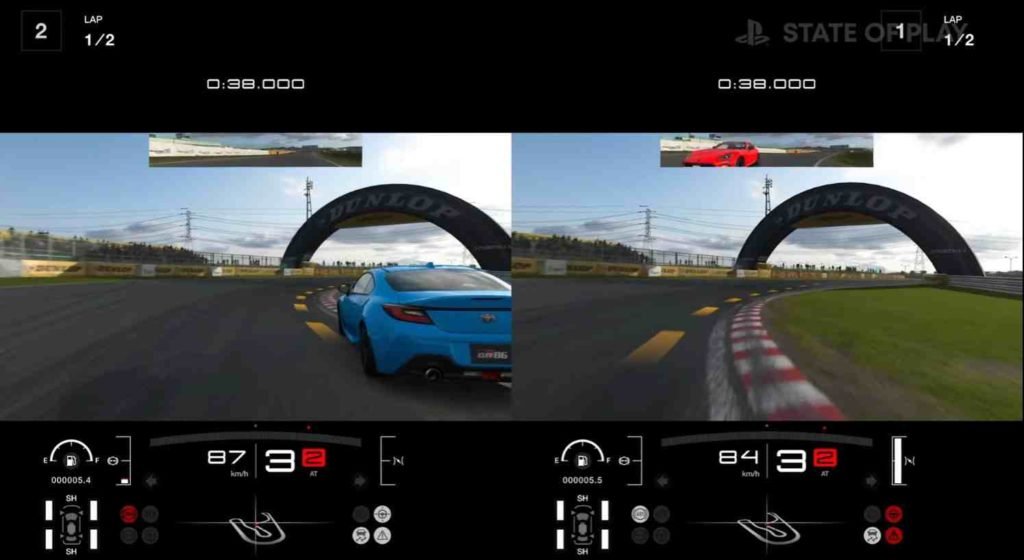 Split screen multiplayer in GT7 is terribly disappointing. P2 is stuck with  full assists, can't make the split horizontal so you're stuck racing on a  tiny square, limited car selection, no custom