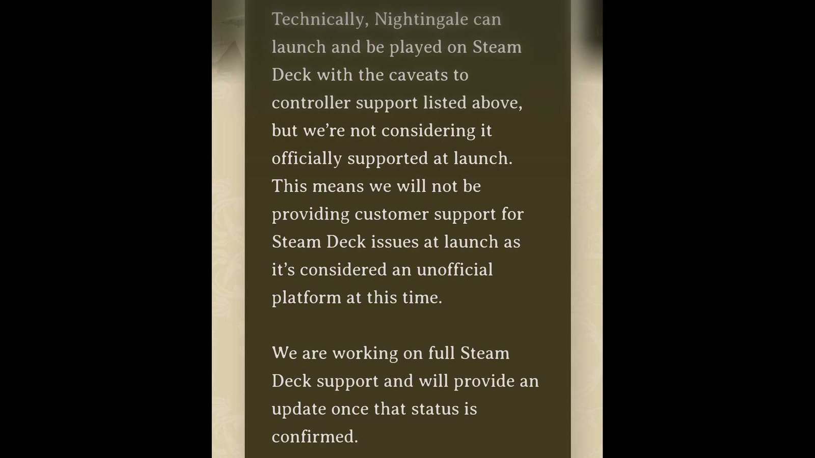 Nightingale game Steam Deck, Lenovo Legion Go, Asus Rog Ally, MacOS/Linux Support Details